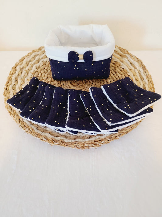 Lot de 8 lingettes lavables et sa panière en double gaze bleu marine à pois dorés