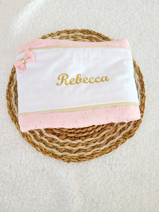 Couverture personnalisée en double gaze à pois dorés