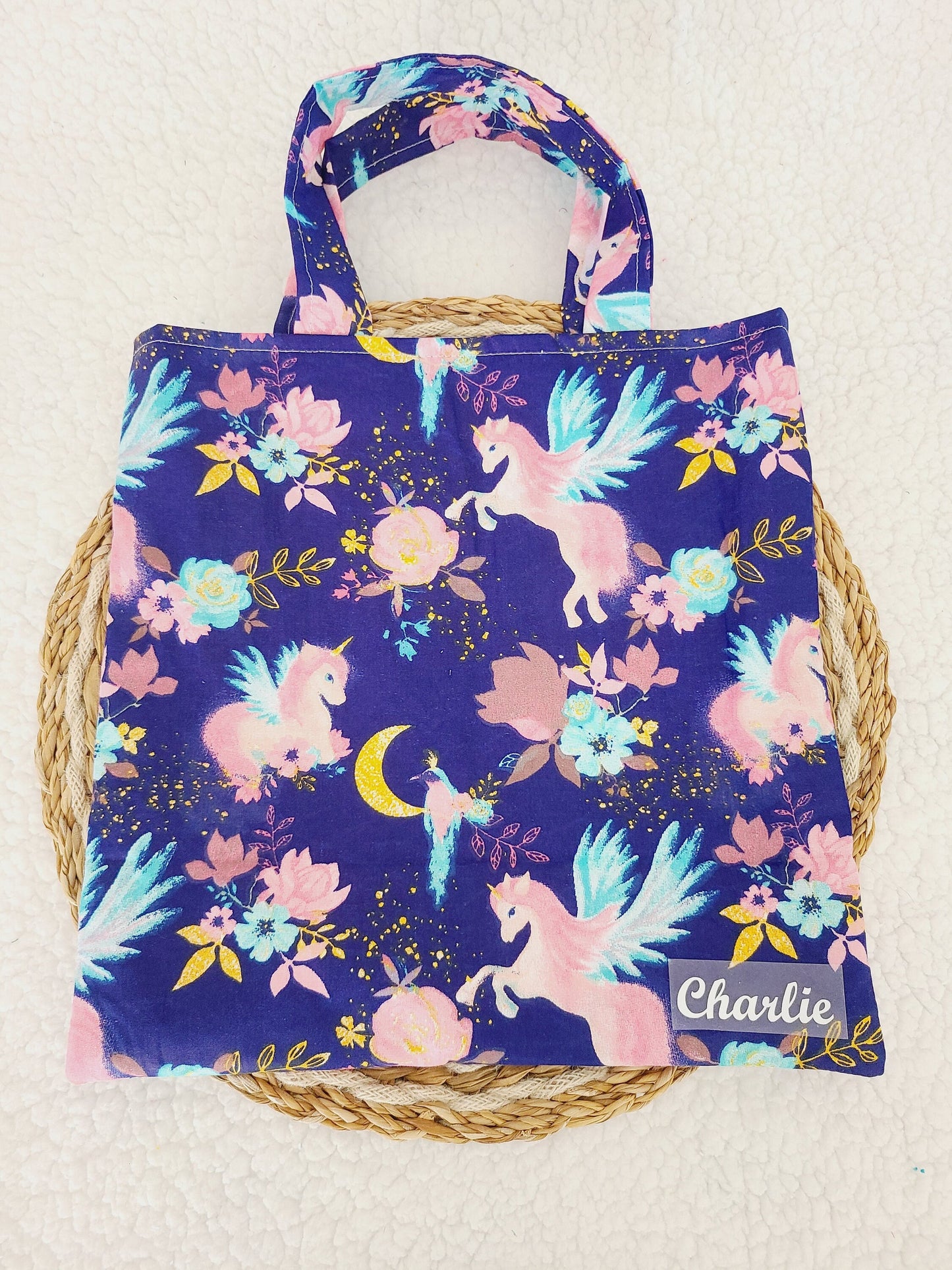 Sac de bibliothèque, tote bag motif licorne