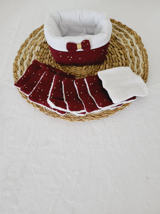 Lot de 8 lingettes lavables et sa panière en double gaze prune à pois dorés