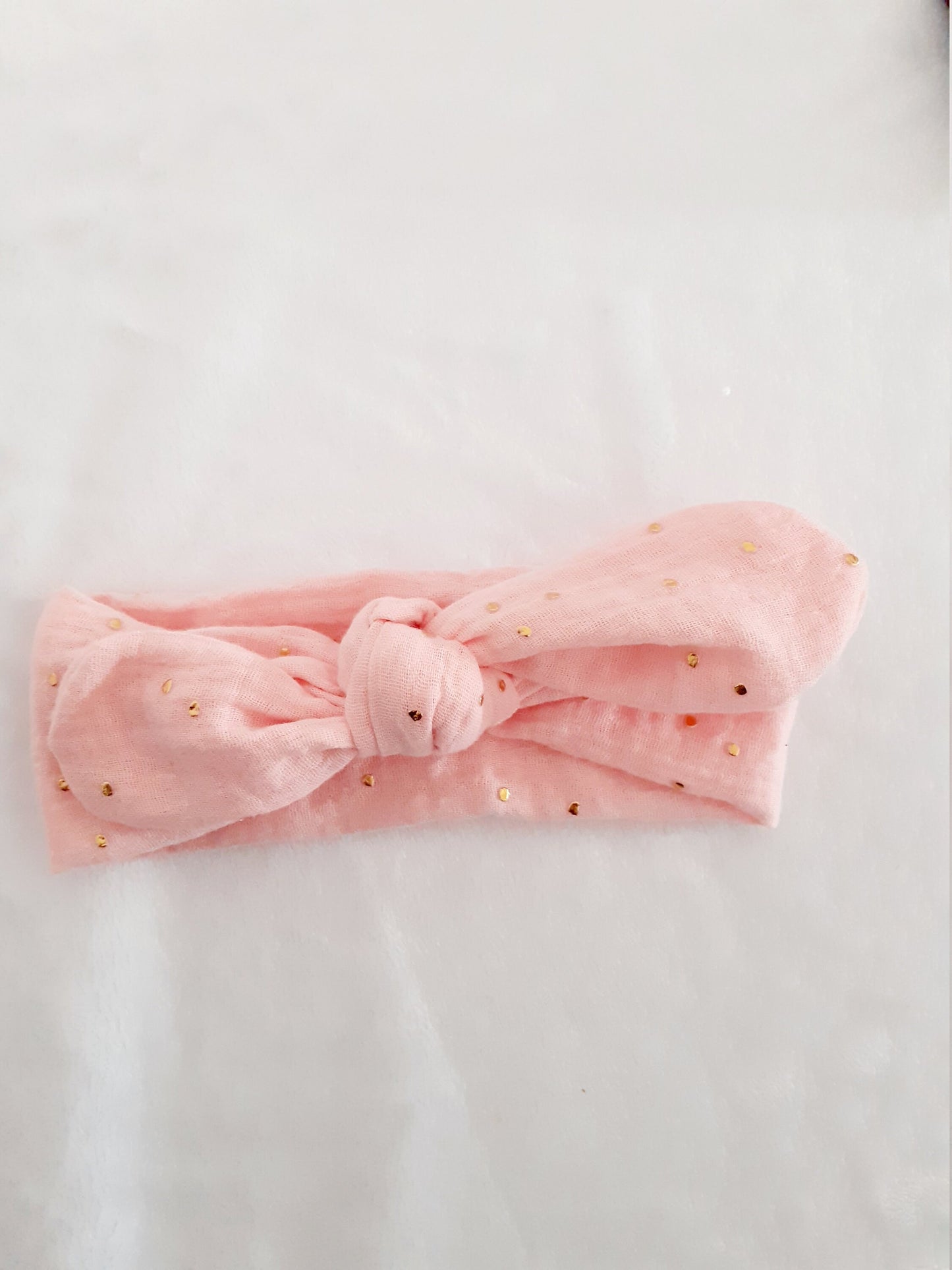 Bandeau à nœud, headband pour bébés, enfants, adultes en double gaze à pois dorés