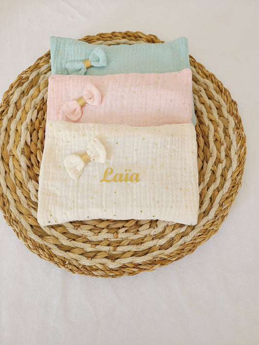 Bouillotte sèche personnalisé déhoussable aux graines de lin bio en double gaze à pois dorés, couleurs au choix