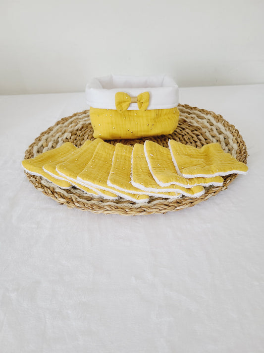 Lot de 8 lingettes lavables et sa panière en double gaze jaune moutarde à pois dorés