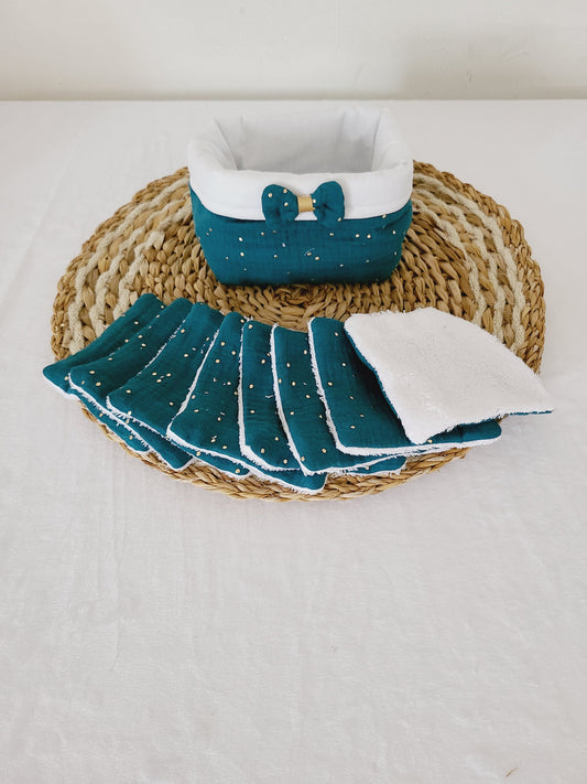 Lot de 8 lingettes lavables et sa panière en double gaze vert canard à pois dorés