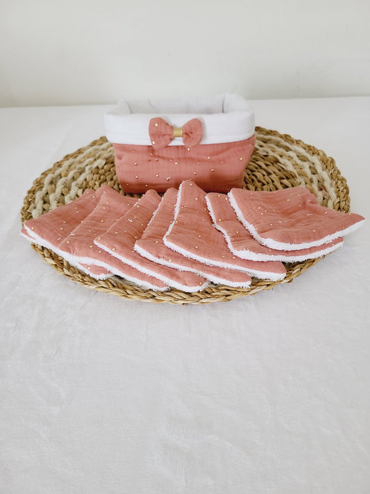 Lot de 8 lingettes lavables et sa panière en double gaze marsala à pois dorés