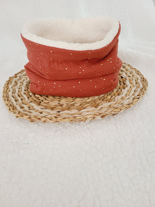 Snood hiver en double gaze pois dorés et sherpa écrue