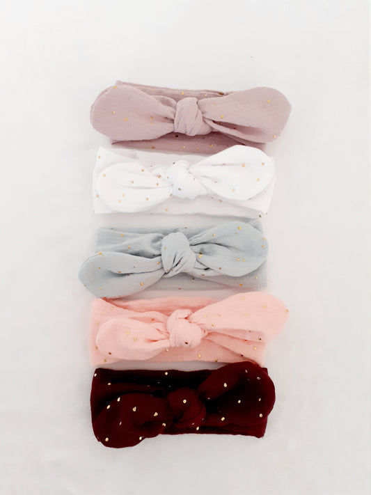 Bandeau à nœud, headband pour bébés, enfants, adultes en double gaze à pois dorés