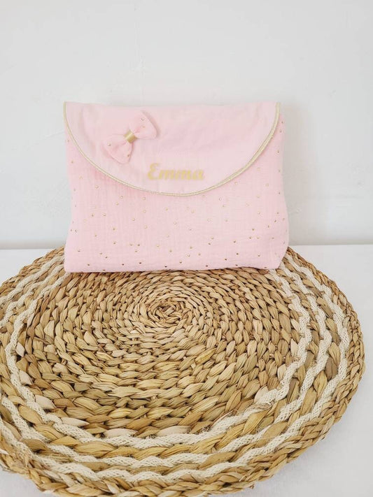 Trousse de toilette personnalisée en double gaze rose à pois dorés