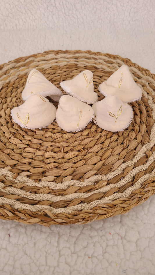 6 tipis à pipi en double gaze écrue et feuille dorées et éponge blanche