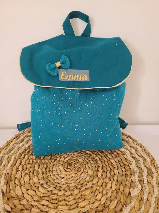 Sac à dos enfant personnalisé en double gaze bleu paon