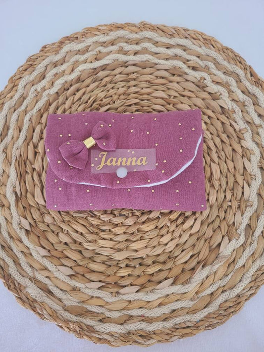 Pochette à barrettes personnalisée en double gaze violette à pois dorés