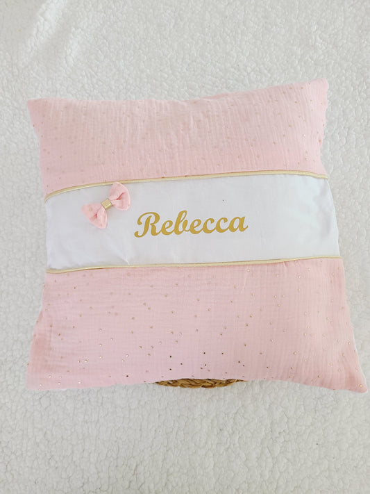 Housse de coussin personnalisable en double gaze à pois dorés et minky blanc