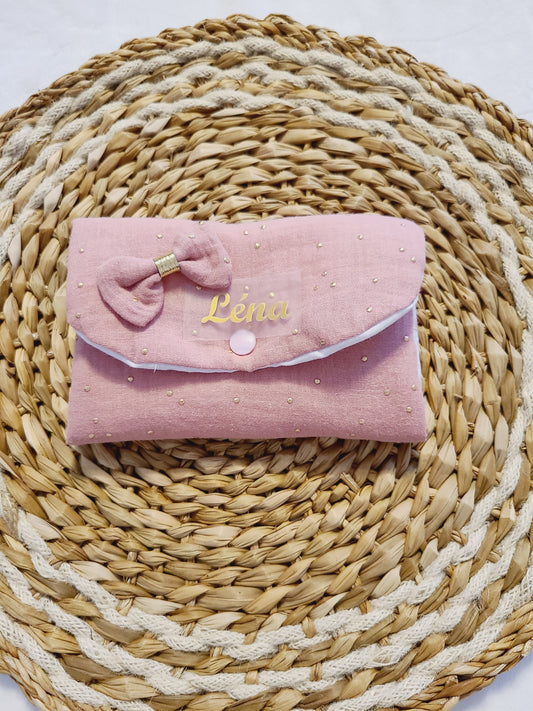 Pochette à barrettes personnalisée en double gaze rose thé à pois dorés