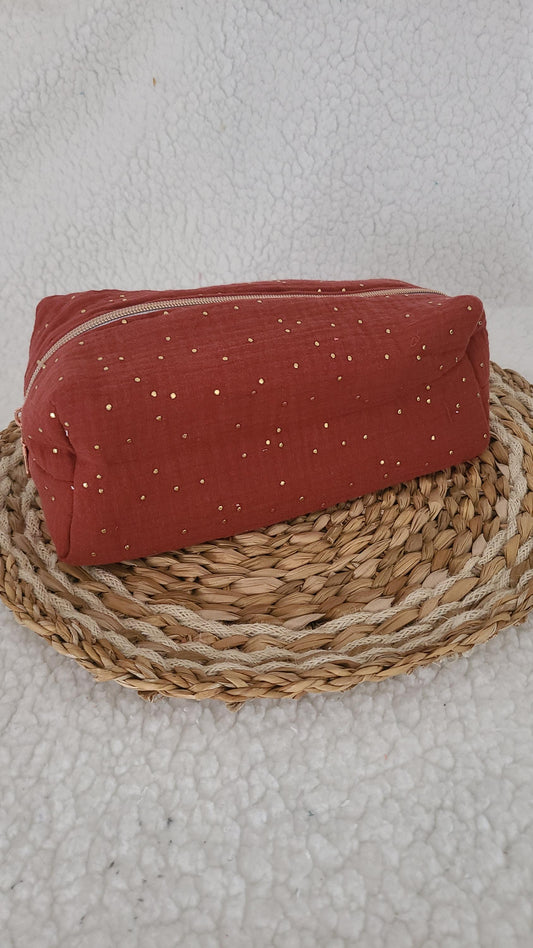 Trousse de toilette carré ou rectangulaire en double gaze terracota à pois dorés