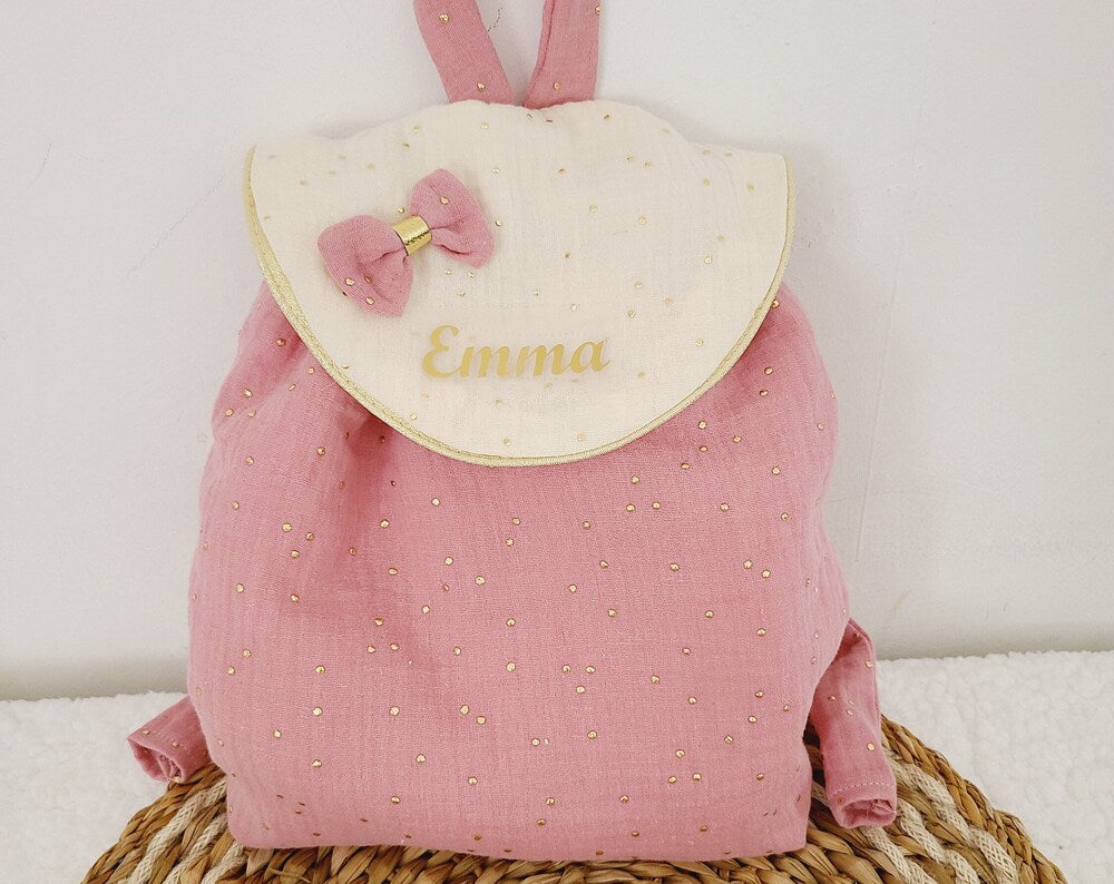 Sac à dos enfant personnalisé en double gaze à pois dorés coloris