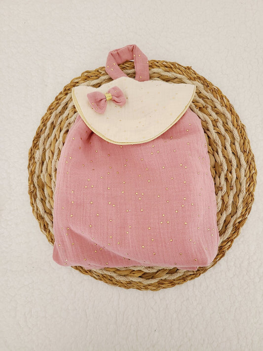 Sac à dos enfant personnalisé en double gaze à pois dorés coloris au choix
