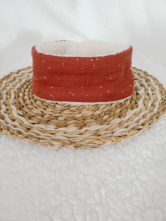 Bandeau cache oreilles en double gaze pois dorés et sherpa écrue, couleurs au choix