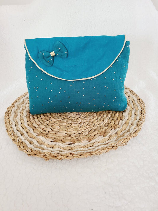 Trousse de toilette personnalisable en double gaze bleu paon à pois dorés