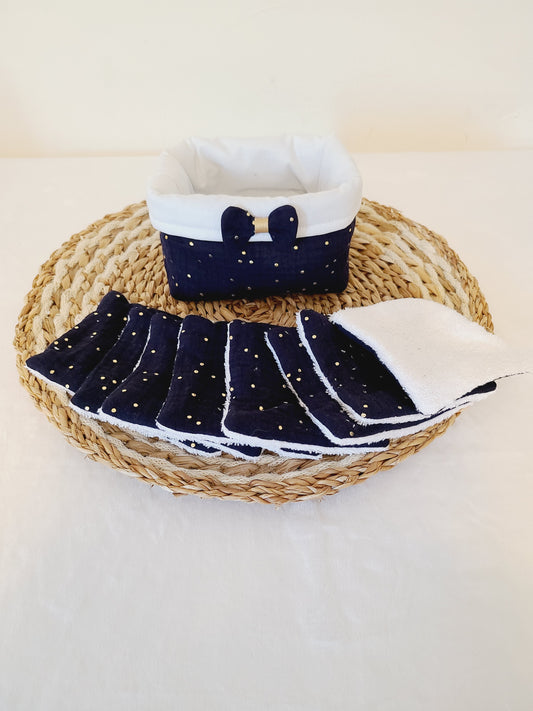Lot de 8 lingettes lavables et sa panière en double gaze bleu marine à pois dorés