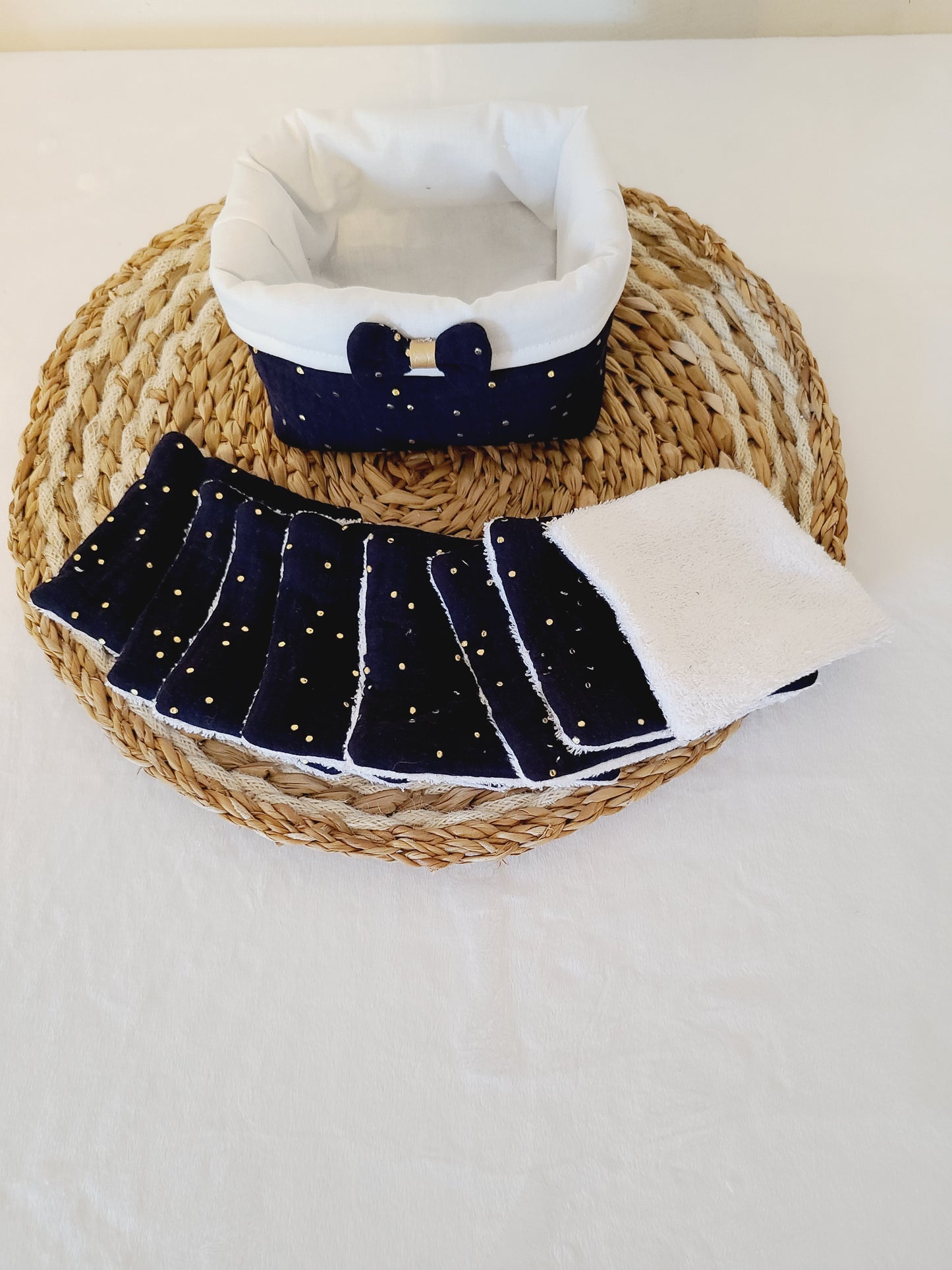 Lot de 8 lingettes lavables et sa panière en double gaze bleu marine à pois dorés
