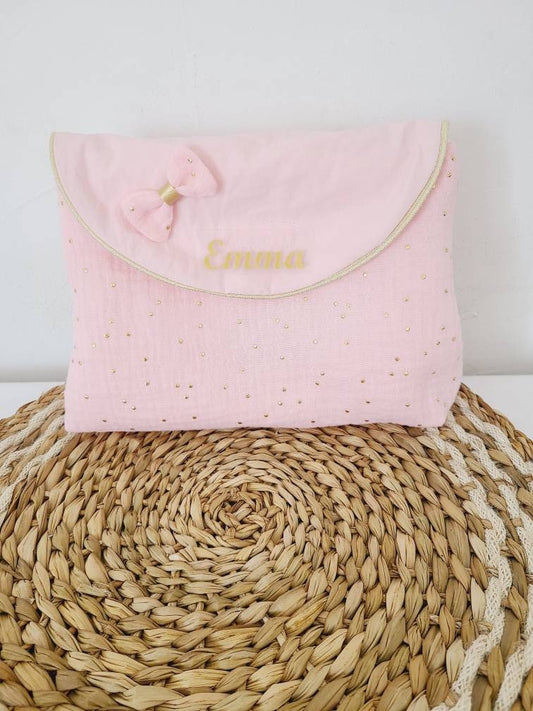 Trousse de toilette personnalisée en double gaze rose à pois dorés