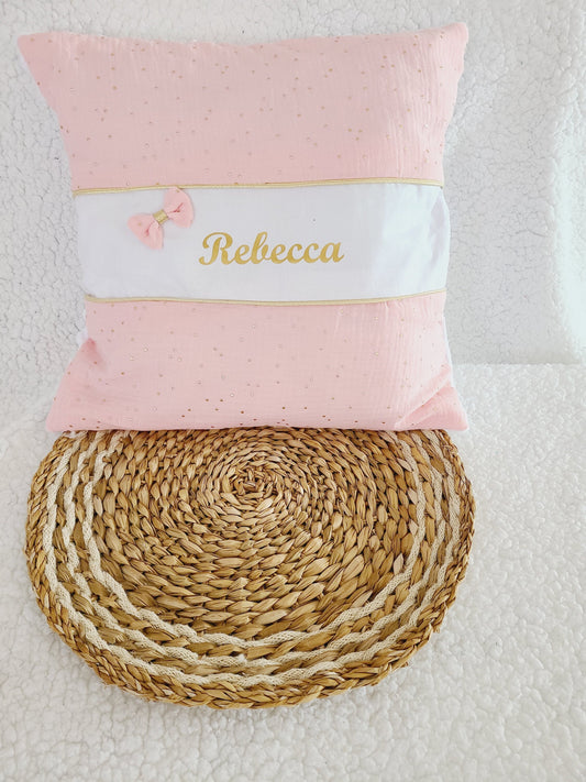 Housse de coussin personnalisable en double gaze à pois dorés et minky blanc