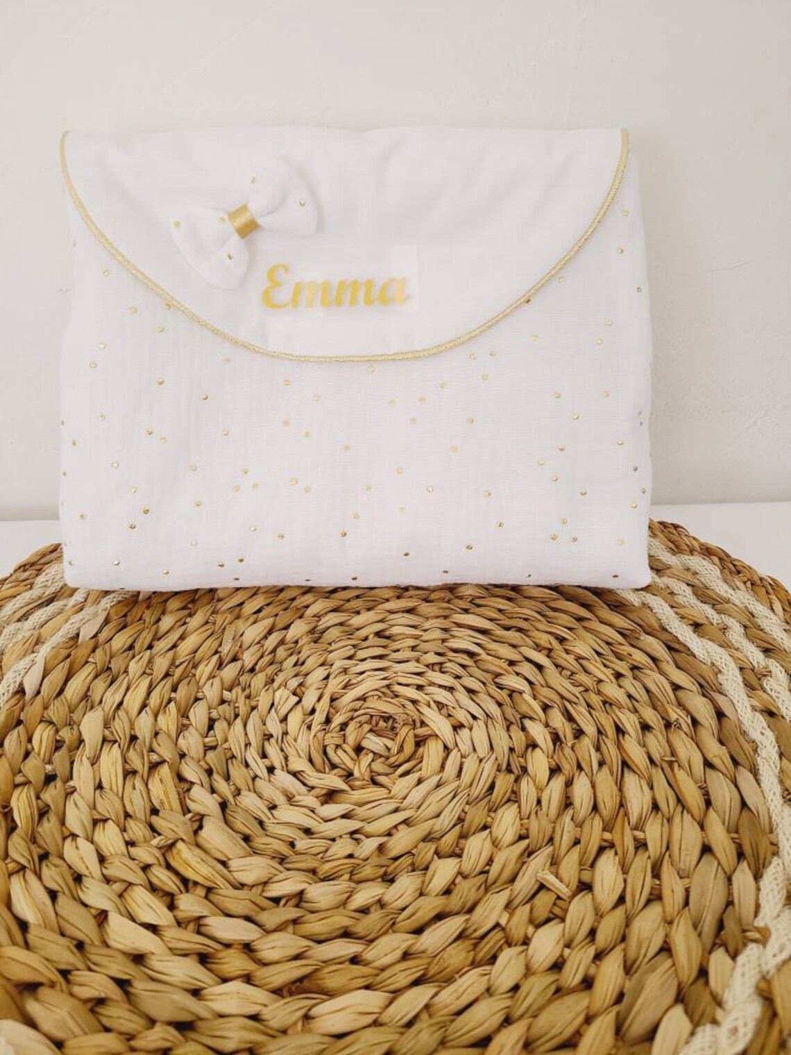 Trousse de toilette personnalisable en double gaze blanche à pois dorés