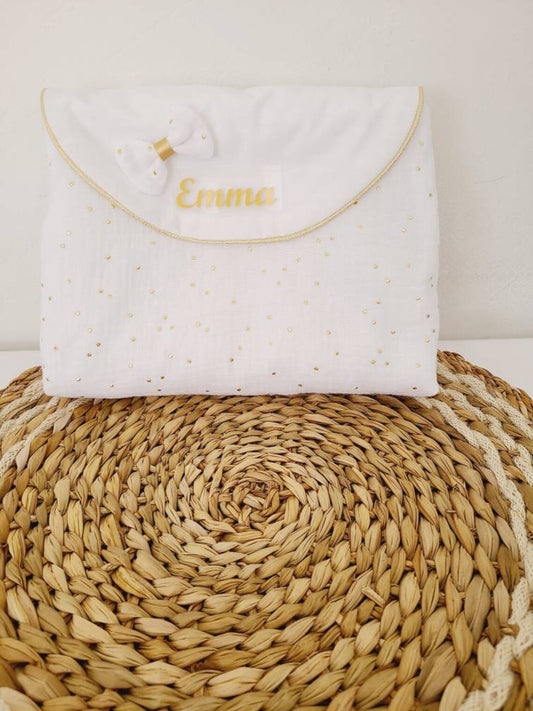 Trousse de toilette personnalisable en double gaze blanche à pois dorés