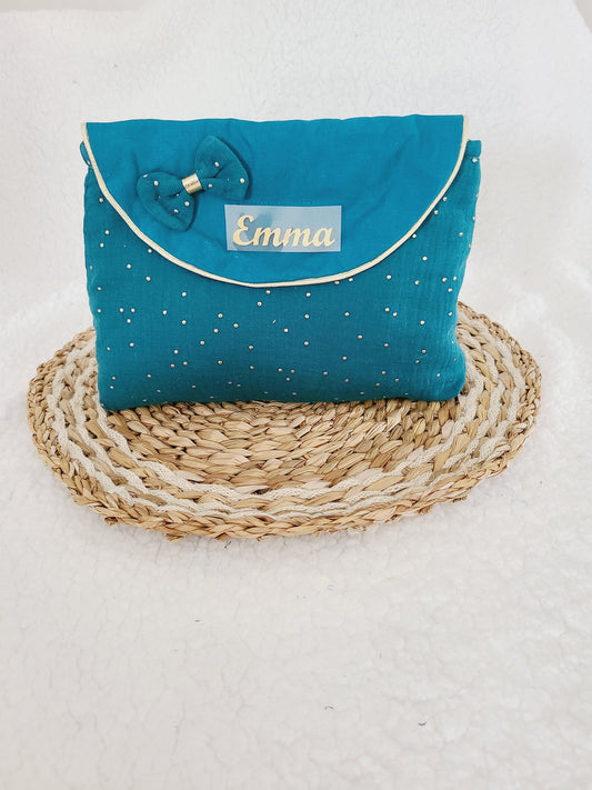 Trousse de toilette personnalisable en double gaze bleu paon à pois dorés